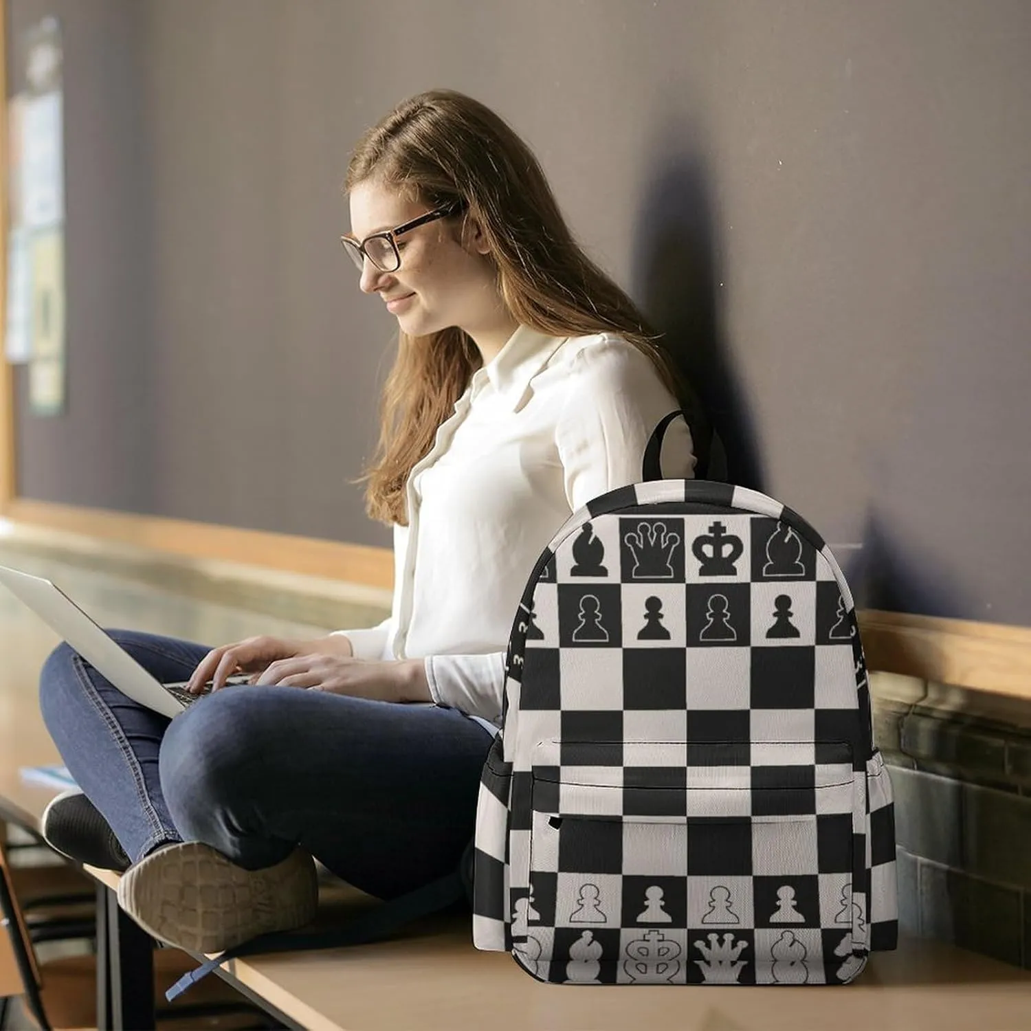 Black White Chess Board Casual Travel Backpack Lightweight with Multi Compartment Laptop Bagpack for Women Men Hiking Business Work