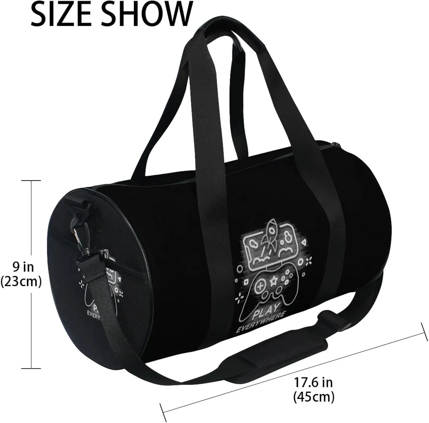 Black White Pattern Gamepad Smartphone Neon on Dark Bricks Duffel Bag, Foldable Canvas Travel Tote for Gym Sports with Inner Pockets, Durable Lightweight Fitness Bag for Overnight Workout