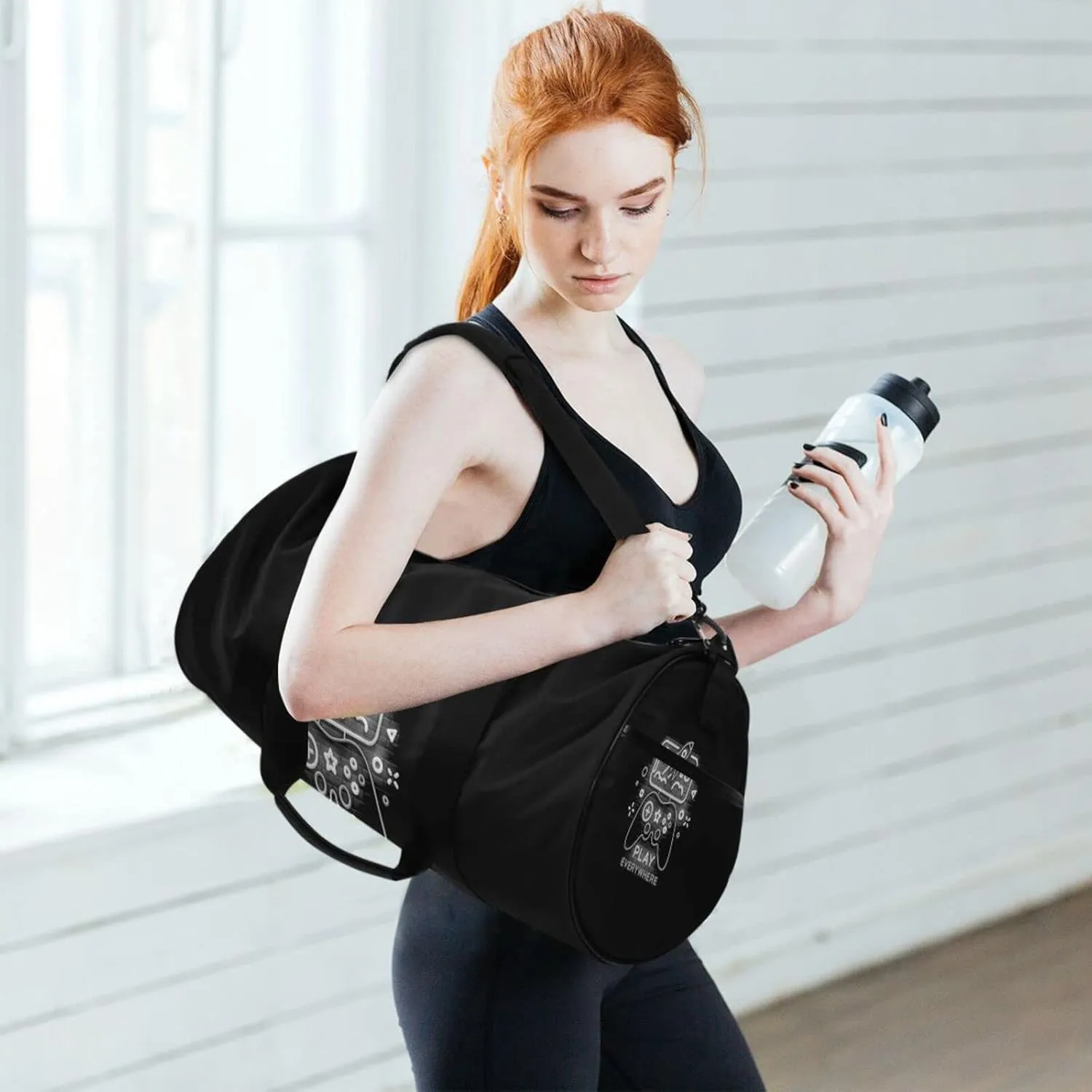 Black White Pattern Gamepad Smartphone Neon on Dark Bricks Duffel Bag, Foldable Canvas Travel Tote for Gym Sports with Inner Pockets, Durable Lightweight Fitness Bag for Overnight Workout