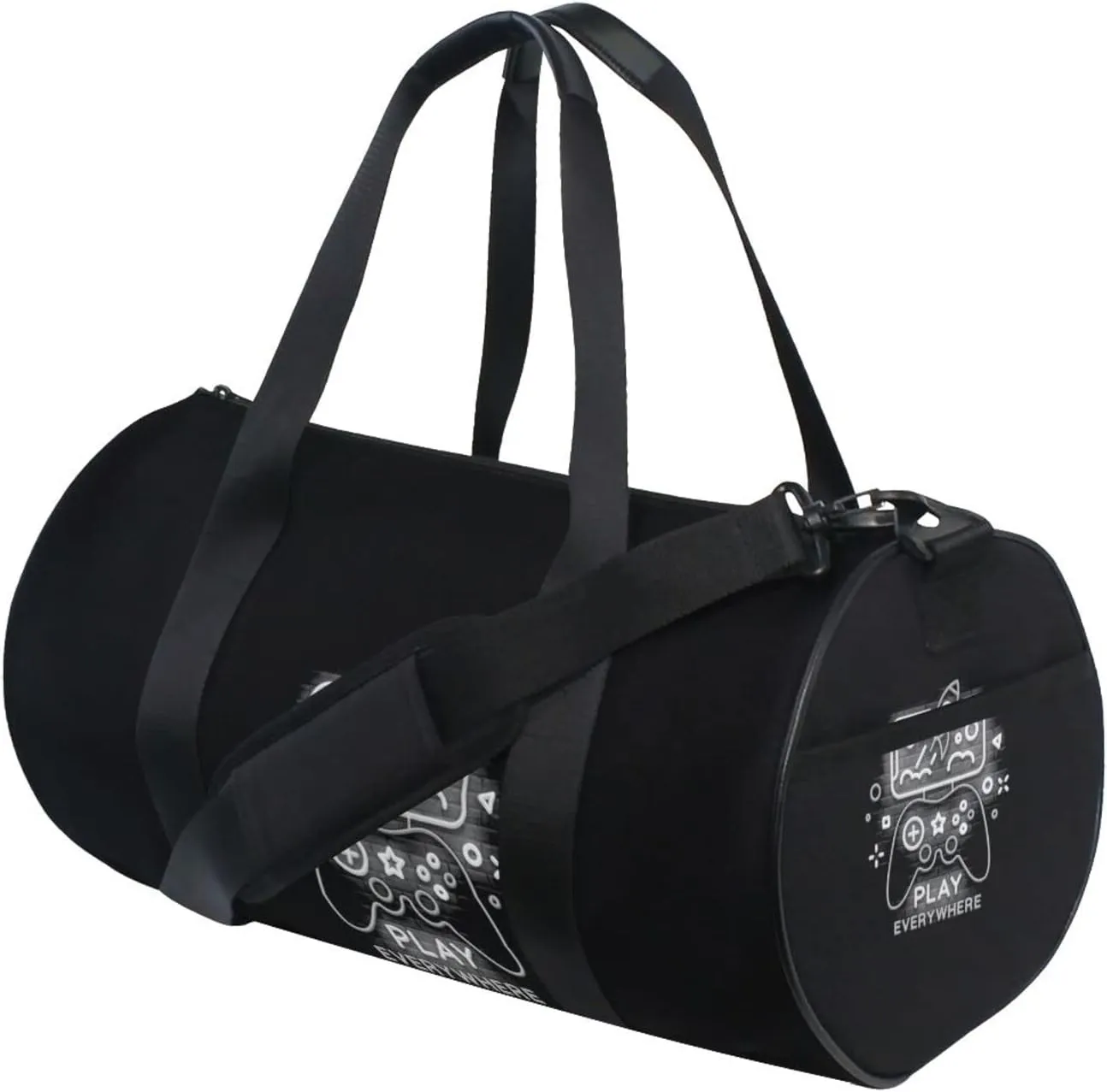 Black White Pattern Gamepad Smartphone Neon on Dark Bricks Duffel Bag, Foldable Canvas Travel Tote for Gym Sports with Inner Pockets, Durable Lightweight Fitness Bag for Overnight Workout