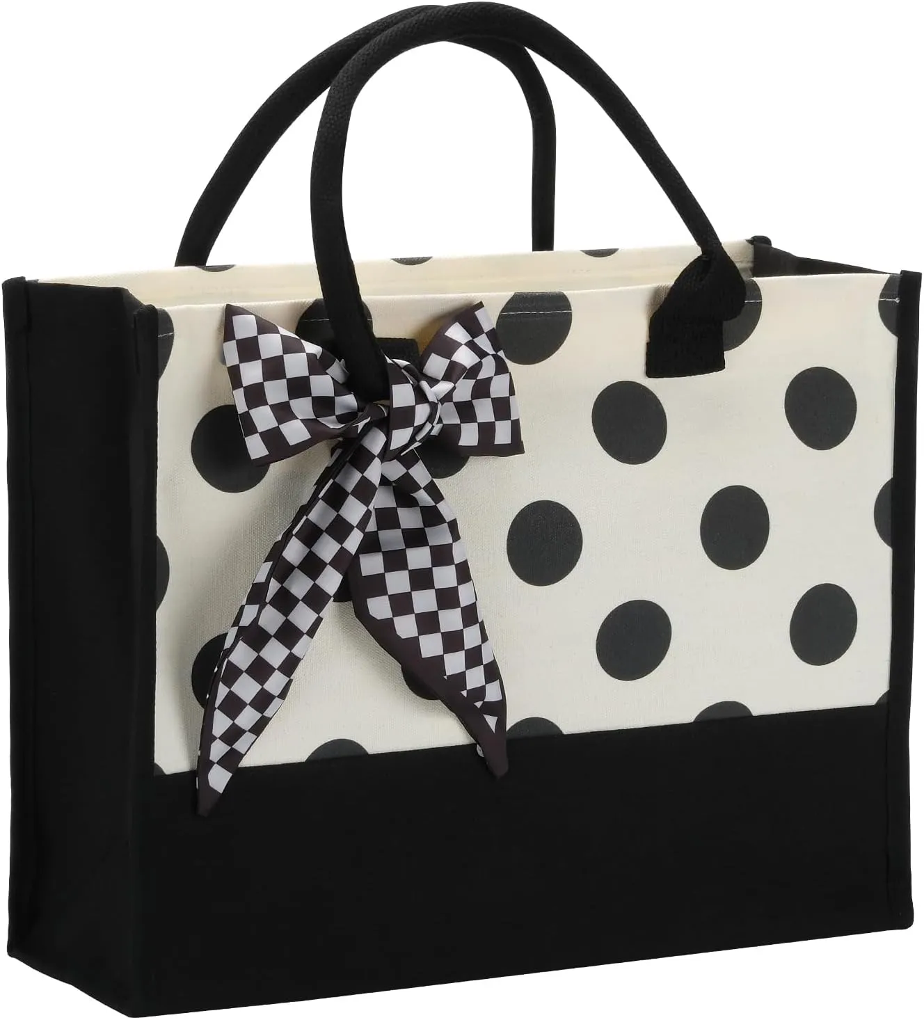 Black White Polka Dot Checkered Plaid Stripes Canvas Tote Bag, Waterproof Durable Tear Resistant with Zipper Closure