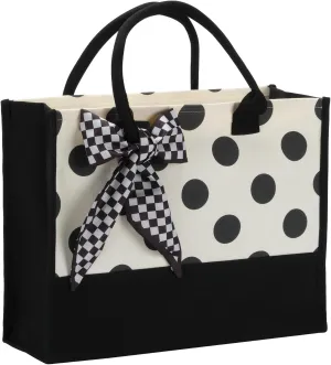 Black White Polka Dot Checkered Plaid Stripes Canvas Tote Bag, Waterproof Durable Tear Resistant with Zipper Closure