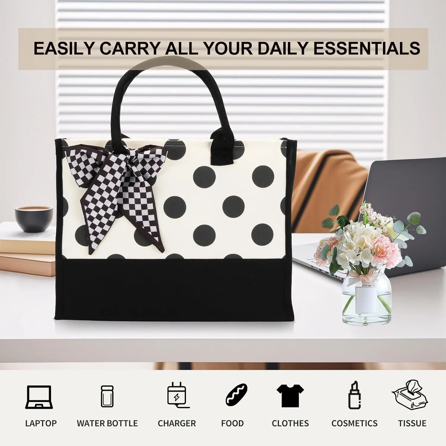 Black White Polka Dot Checkered Plaid Stripes Canvas Tote Bag, Waterproof Durable Tear Resistant with Zipper Closure