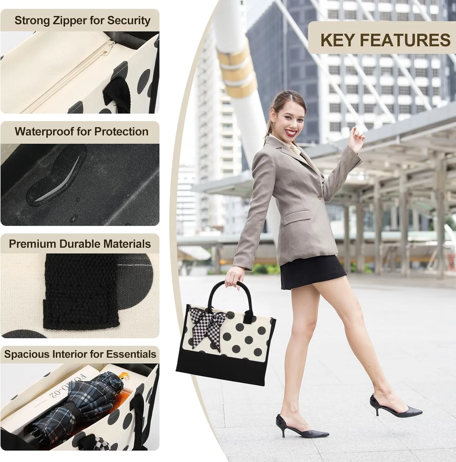 Black White Polka Dot Checkered Plaid Stripes Canvas Tote Bag, Waterproof Durable Tear Resistant with Zipper Closure