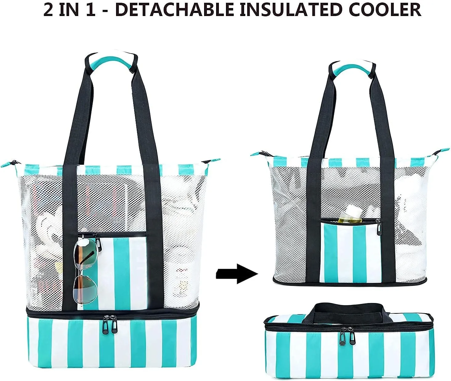 Bluboon Mesh Beach Tote Bag with Cooler Compartment Insulated Detachable Picnic Bag with Zipper and Pocket Pool Bag for Women