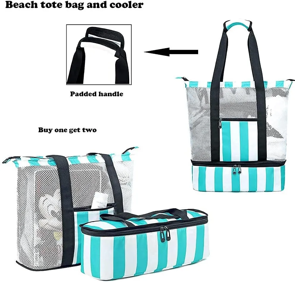 Bluboon Mesh Beach Tote Bag with Cooler Compartment Insulated Detachable Picnic Bag with Zipper and Pocket Pool Bag for Women
