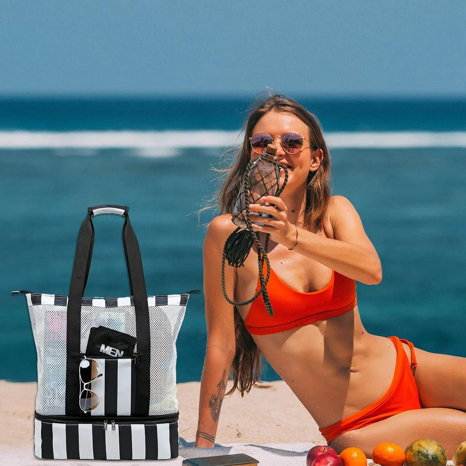 Bluboon Mesh Beach Tote Bag with Cooler Compartment Insulated Detachable Picnic Bag with Zipper and Pocket Pool Bag for Women
