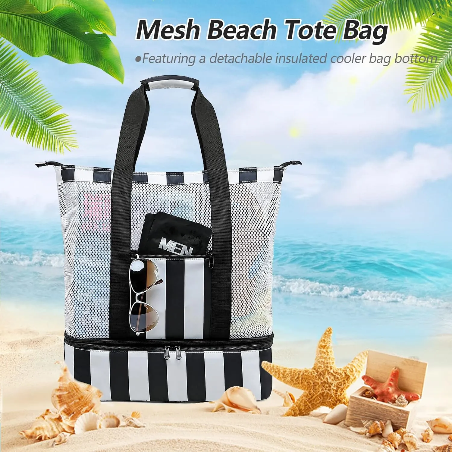 Bluboon Mesh Beach Tote Bag with Cooler Compartment Insulated Detachable Picnic Bag with Zipper and Pocket Pool Bag for Women