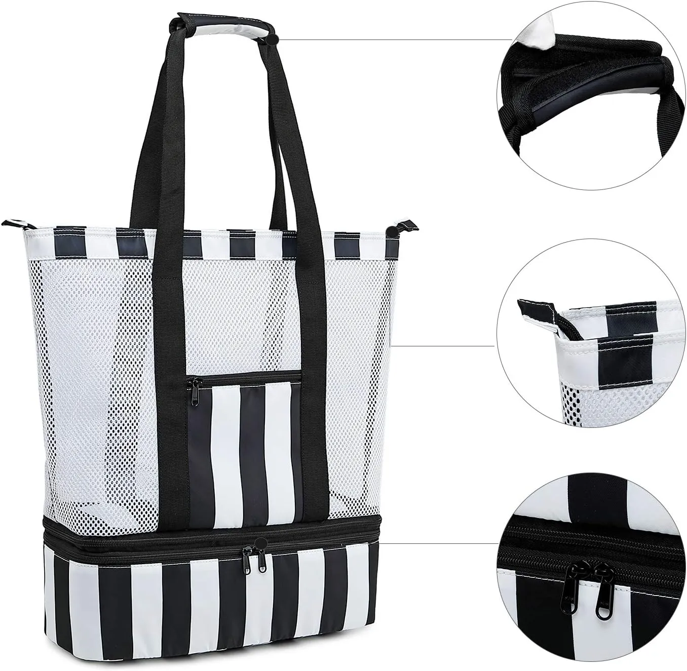 Bluboon Mesh Beach Tote Bag with Cooler Compartment Insulated Detachable Picnic Bag with Zipper and Pocket Pool Bag for Women