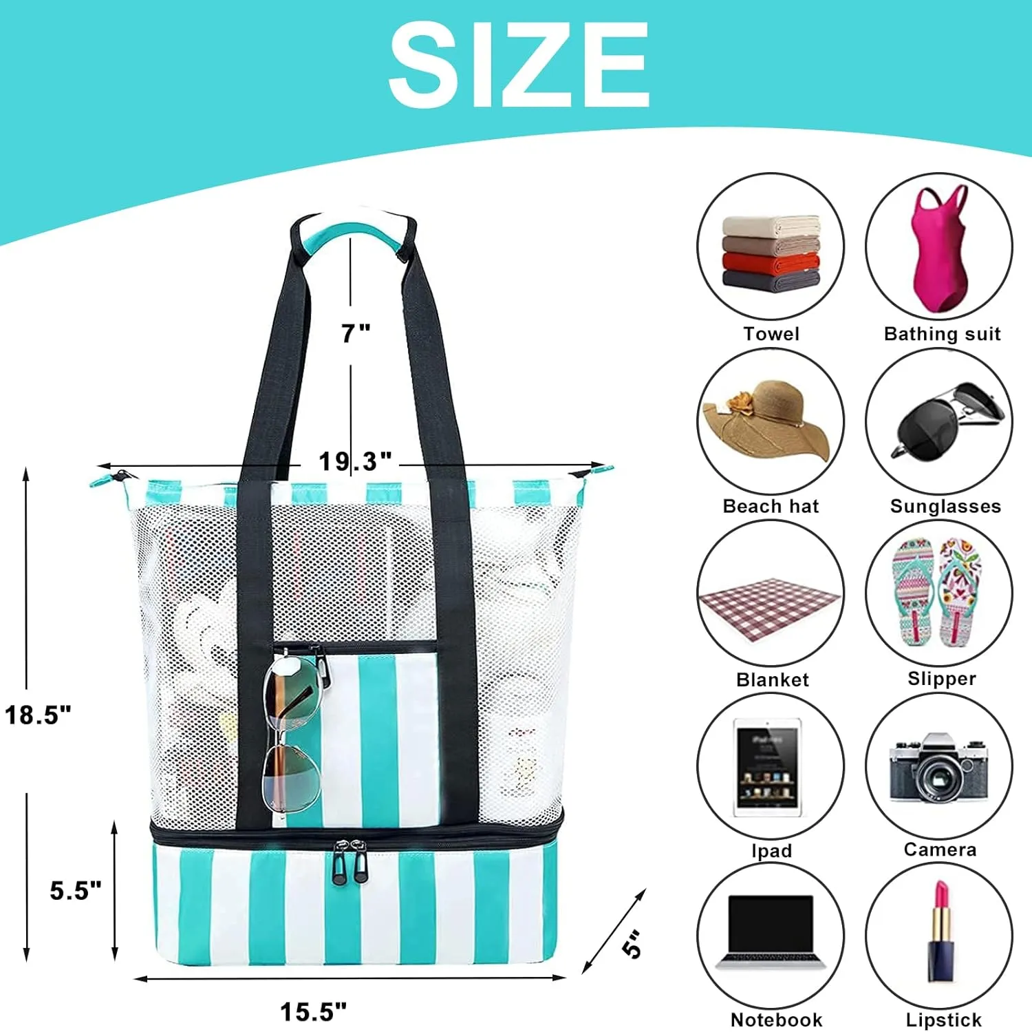 Bluboon Mesh Beach Tote Bag with Cooler Compartment Insulated Detachable Picnic Bag with Zipper and Pocket Pool Bag for Women