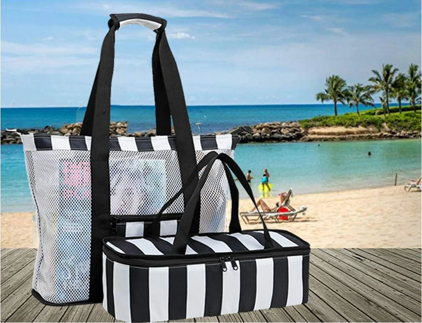 Bluboon Mesh Beach Tote Bag with Cooler Compartment Insulated Detachable Picnic Bag with Zipper and Pocket Pool Bag for Women