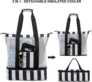 Bluboon Mesh Beach Tote Bag with Cooler Compartment Insulated Detachable Picnic Bag with Zipper and Pocket Pool Bag for Women