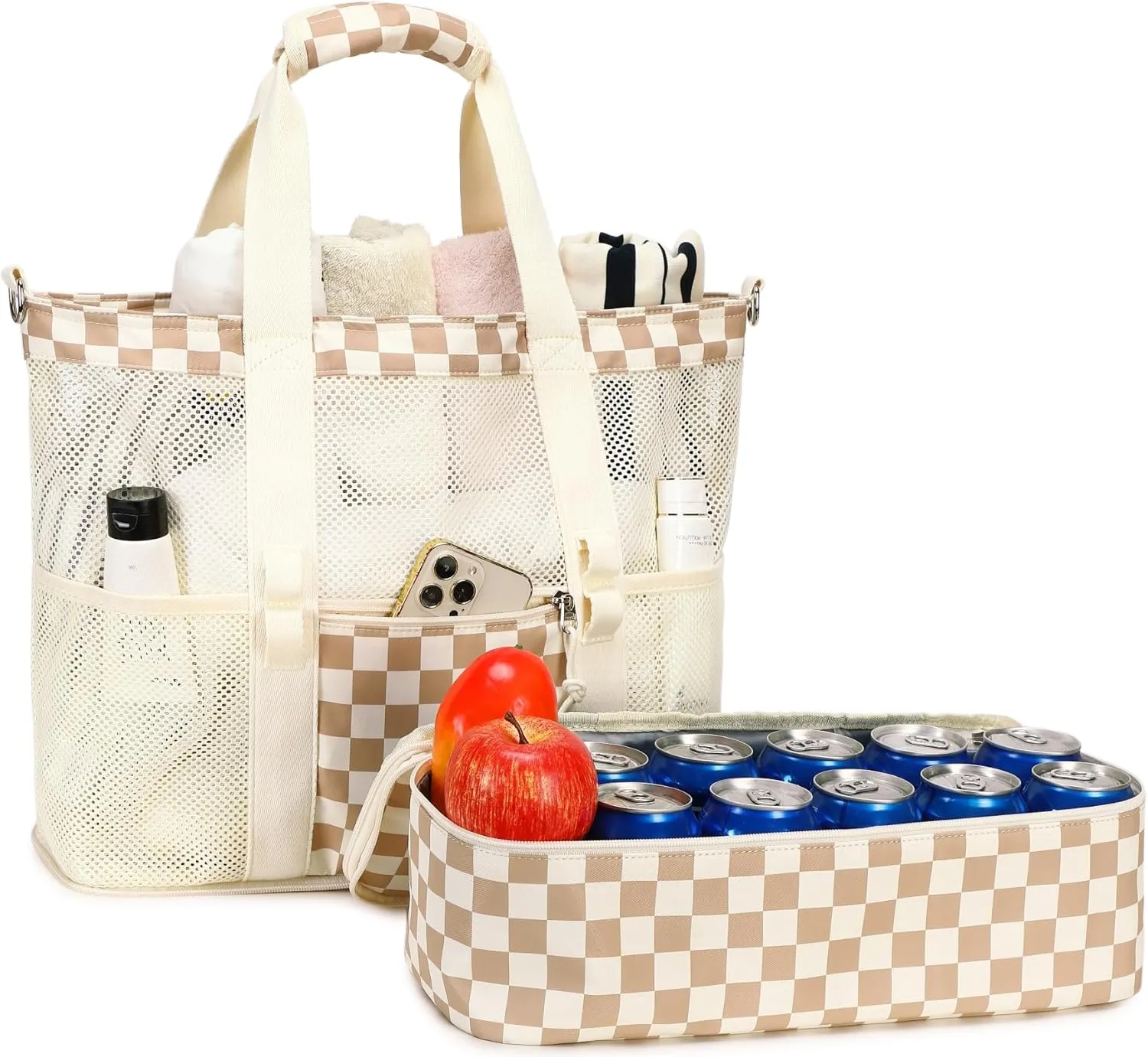 Bluboon Mesh Beach Tote Bag with Cooler Compartment Insulated Detachable Picnic Bag with Zipper and Pocket Pool Bag for Women