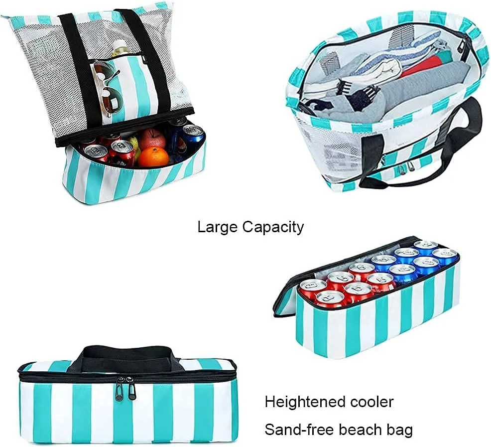 Bluboon Mesh Beach Tote Bag with Cooler Compartment Insulated Detachable Picnic Bag with Zipper and Pocket Pool Bag for Women