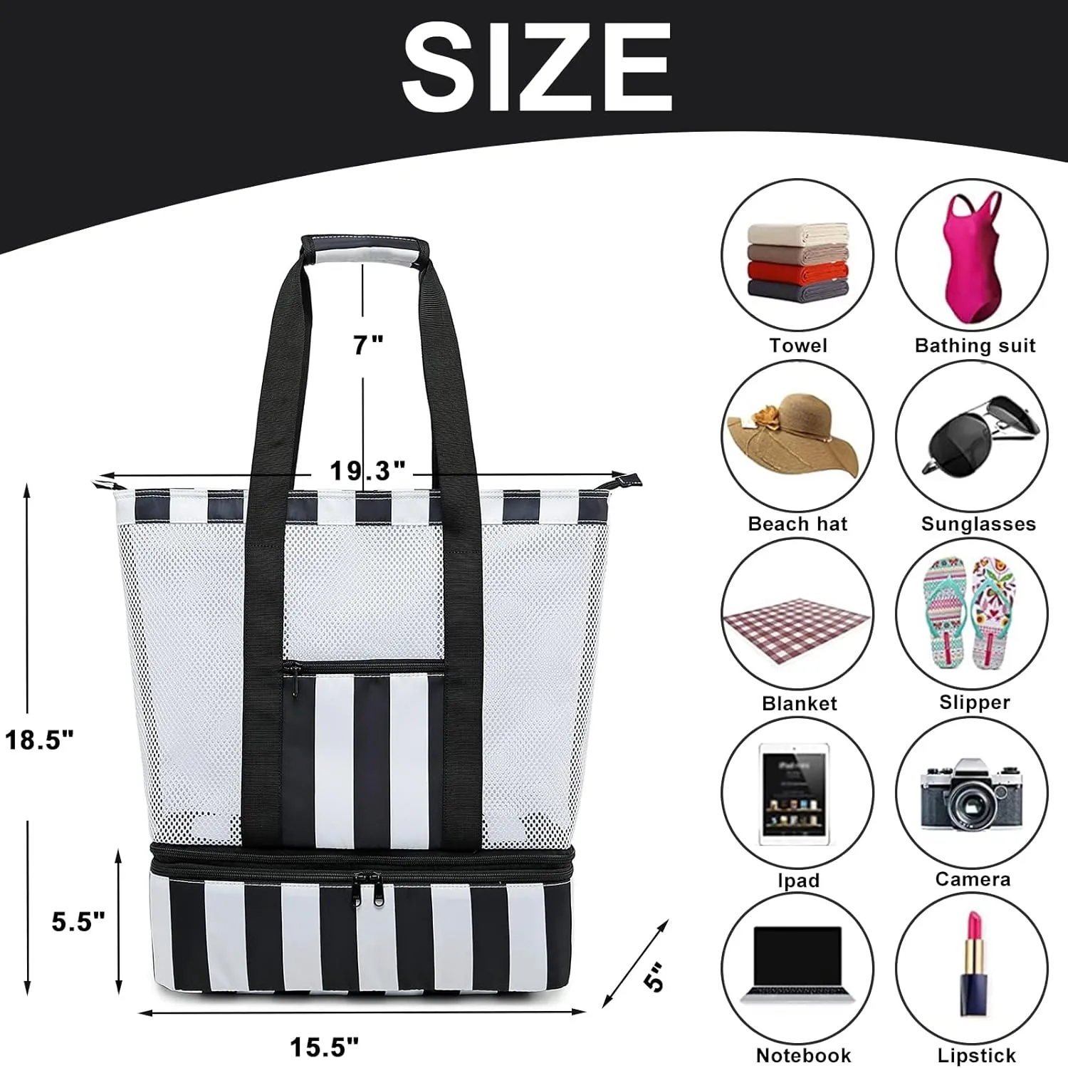 Bluboon Mesh Beach Tote Bag with Cooler Compartment Insulated Detachable Picnic Bag with Zipper and Pocket Pool Bag for Women