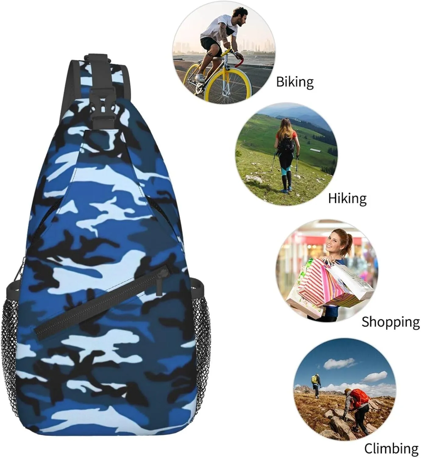 Blue Camo Crossbody Chest Bag Lightweight Sling Daypackstravel Hiking Cycling For Men Women