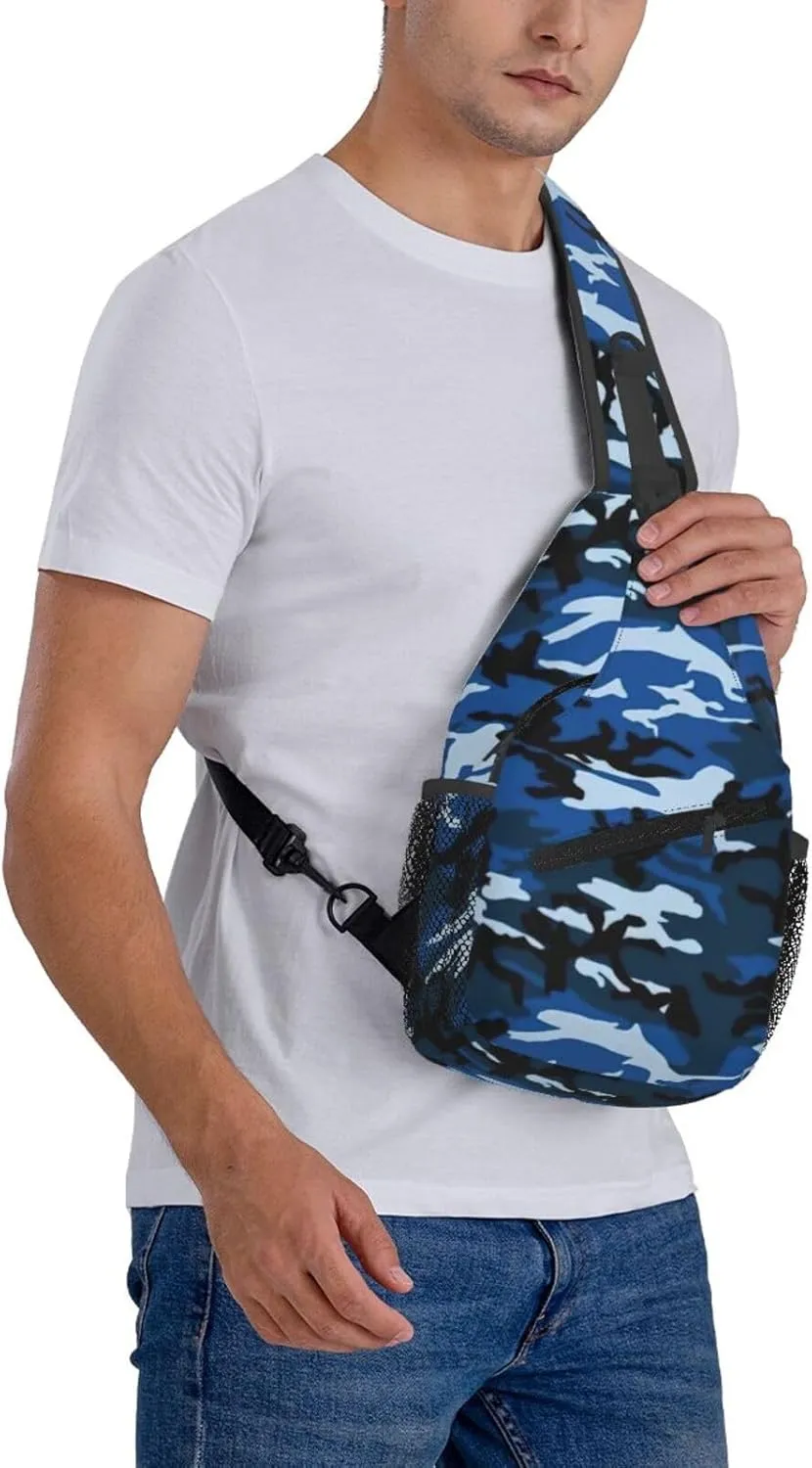 Blue Camo Crossbody Chest Bag Lightweight Sling Daypackstravel Hiking Cycling For Men Women