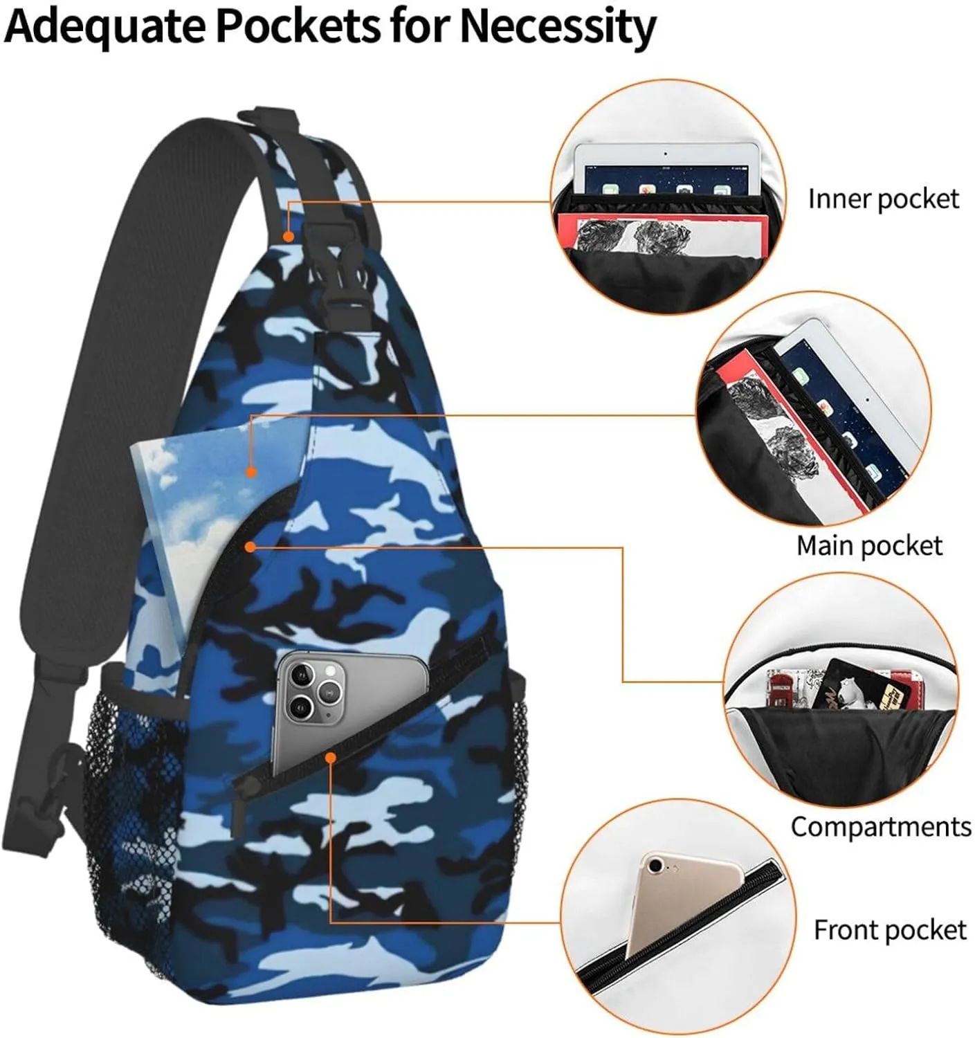 Blue Camo Crossbody Chest Bag Lightweight Sling Daypackstravel Hiking Cycling For Men Women