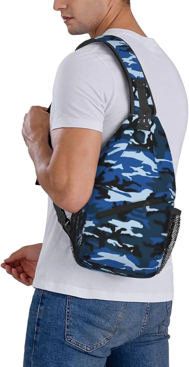 Blue Camo Crossbody Chest Bag Lightweight Sling Daypackstravel Hiking Cycling For Men Women