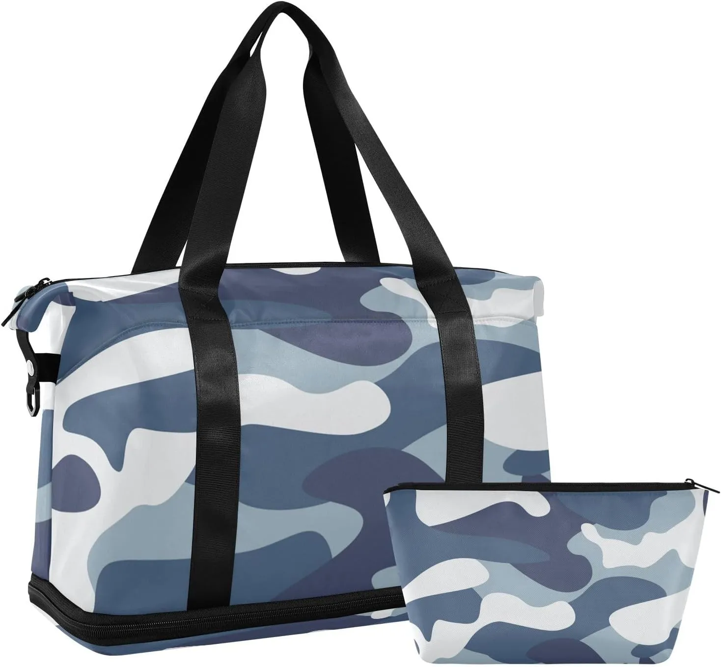 Blue Camo Versatile Sports Travel Bag - Lasting Twill Tote, Removable Wheel & Rod Bagging, Multi-pocket Design, Complimentary Makeup Bag