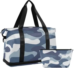 Blue Camo Versatile Sports Travel Bag - Lasting Twill Tote, Removable Wheel & Rod Bagging, Multi-pocket Design, Complimentary Makeup Bag