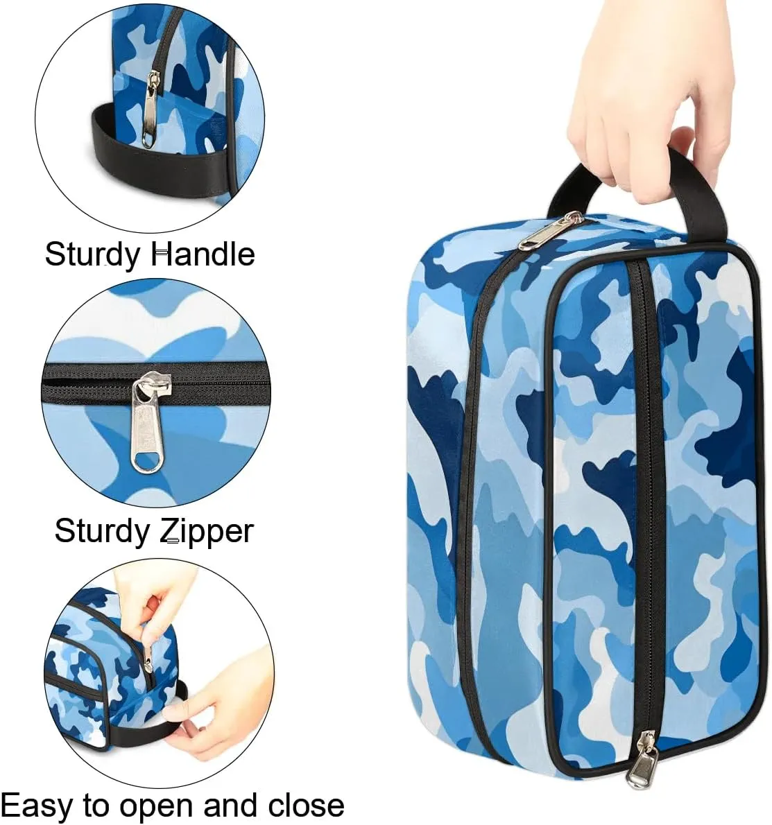 Blue Camouflage Travel Toiletry Bag Kit for Men Army Camo Cosmetic Makeup Bag for Women Waterproof Shaving Bag Hanging Wash Bag Organizer for Toiletries Accessories