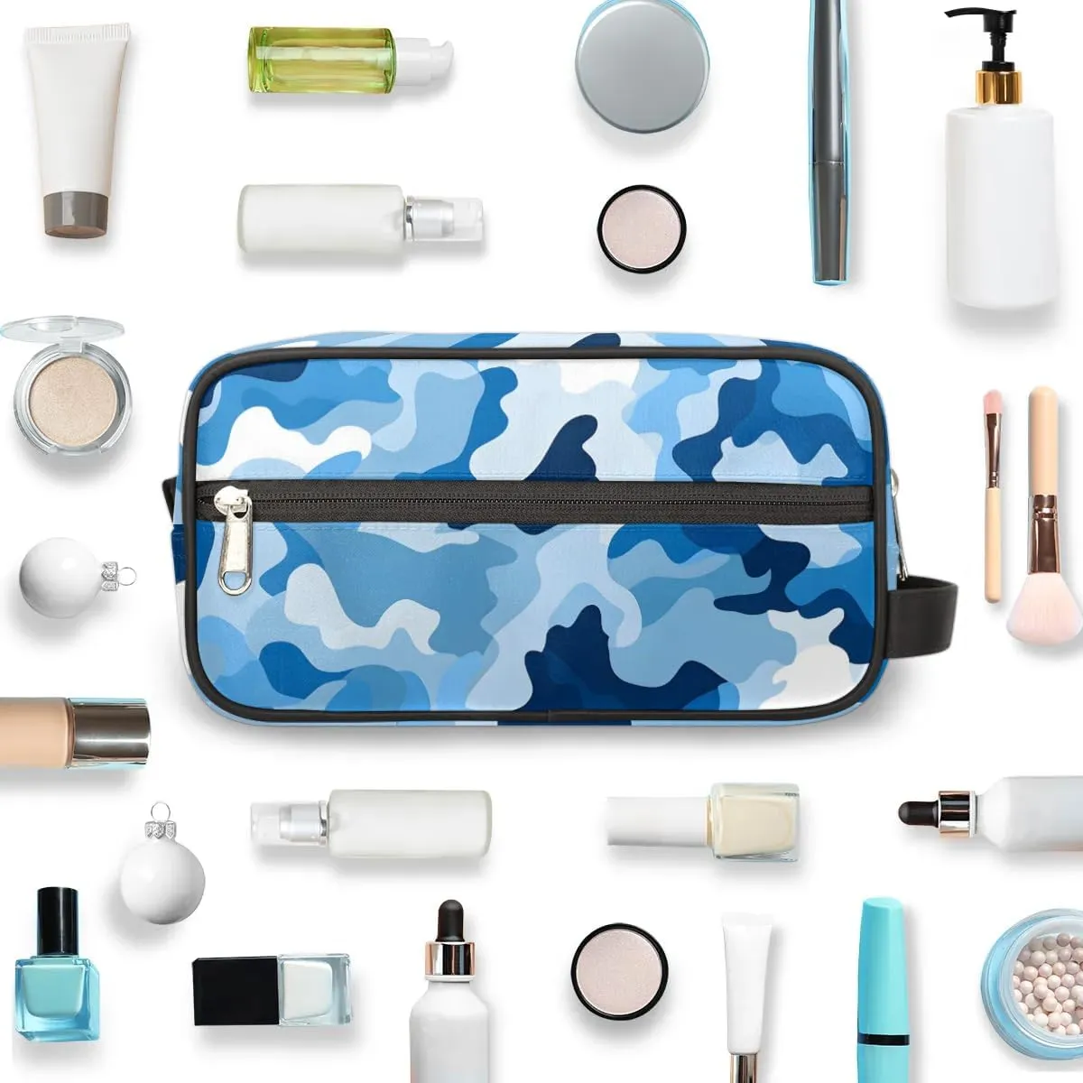 Blue Camouflage Travel Toiletry Bag Kit for Men Army Camo Cosmetic Makeup Bag for Women Waterproof Shaving Bag Hanging Wash Bag Organizer for Toiletries Accessories