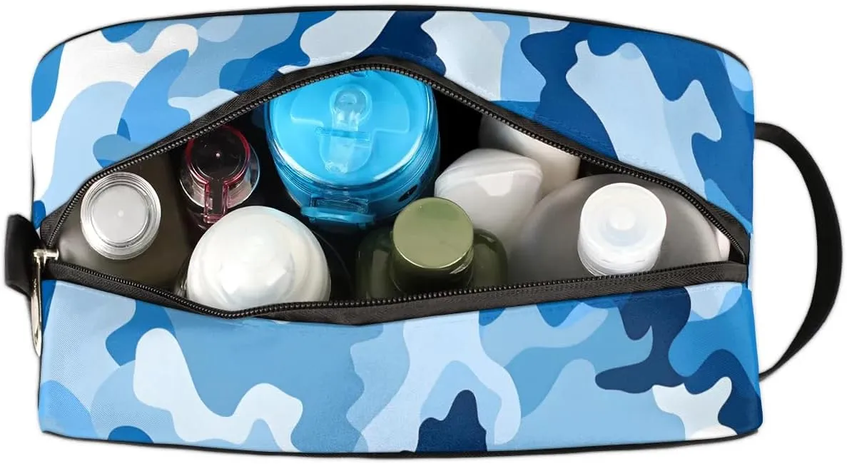 Blue Camouflage Travel Toiletry Bag Kit for Men Army Camo Cosmetic Makeup Bag for Women Waterproof Shaving Bag Hanging Wash Bag Organizer for Toiletries Accessories