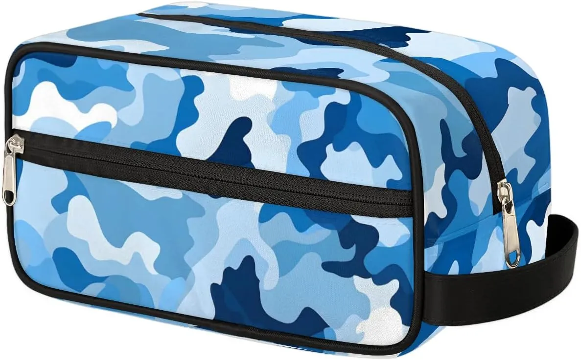 Blue Camouflage Travel Toiletry Bag Kit for Men Army Camo Cosmetic Makeup Bag for Women Waterproof Shaving Bag Hanging Wash Bag Organizer for Toiletries Accessories