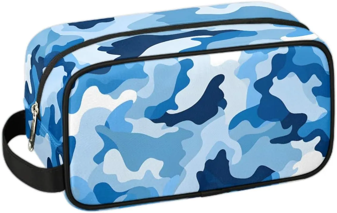 Blue Camouflage Travel Toiletry Bag Kit for Men Army Camo Cosmetic Makeup Bag for Women Waterproof Shaving Bag Hanging Wash Bag Organizer for Toiletries Accessories