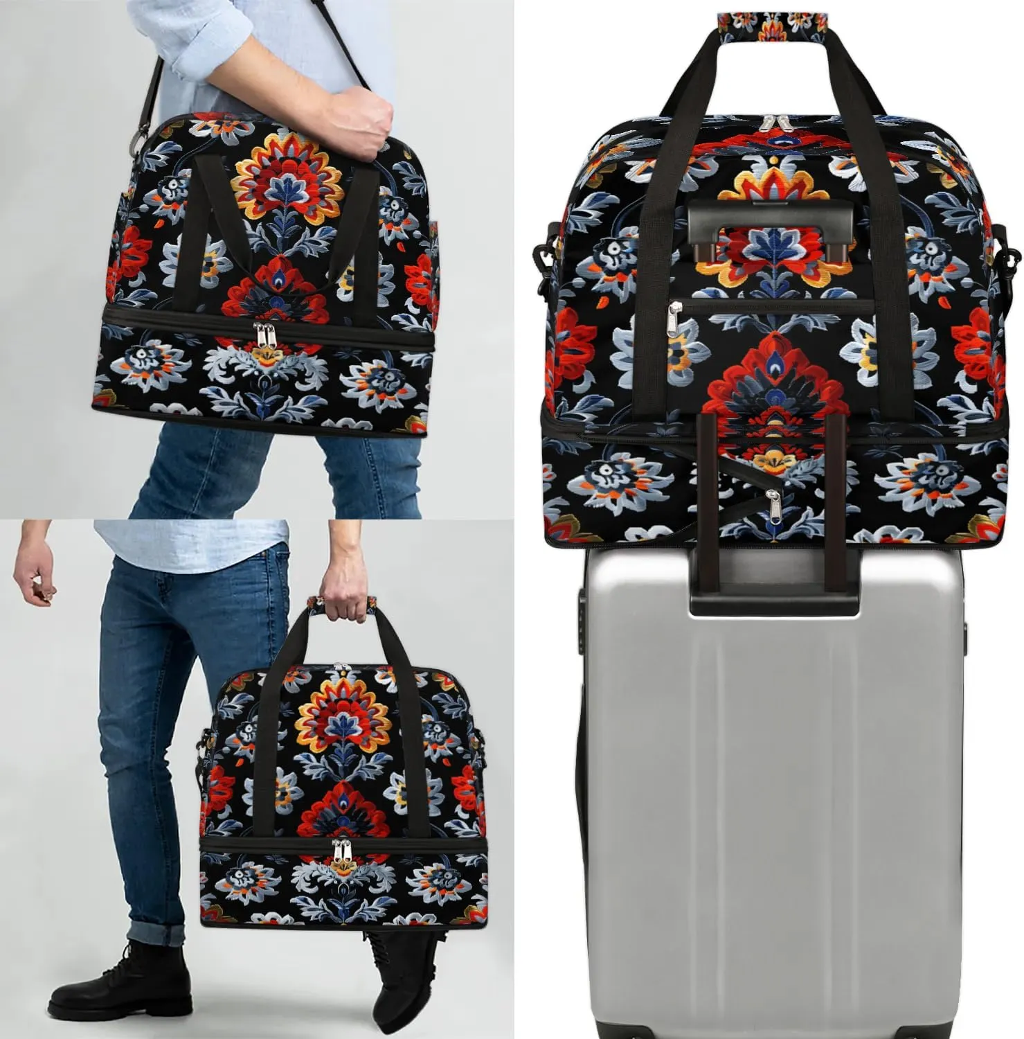 Boho Flower Prints Travel Duffle Bag, Collapsible Travel Bag Sports Gym Bag With Shoes Compartment Weekender Bag Overnight Bag For Women Men