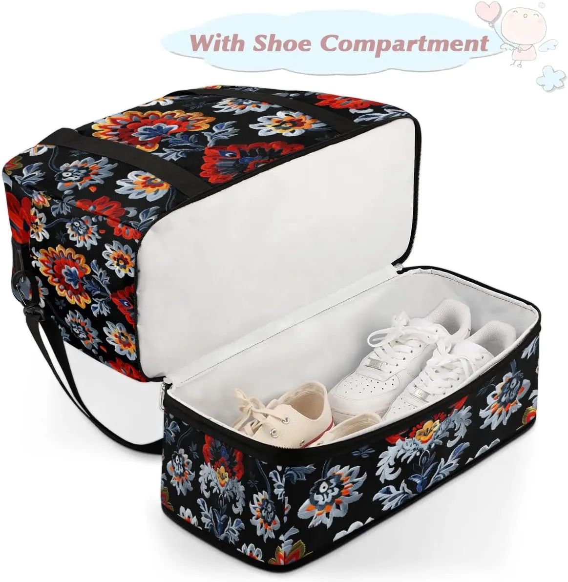 Boho Flower Prints Travel Duffle Bag, Collapsible Travel Bag Sports Gym Bag With Shoes Compartment Weekender Bag Overnight Bag For Women Men