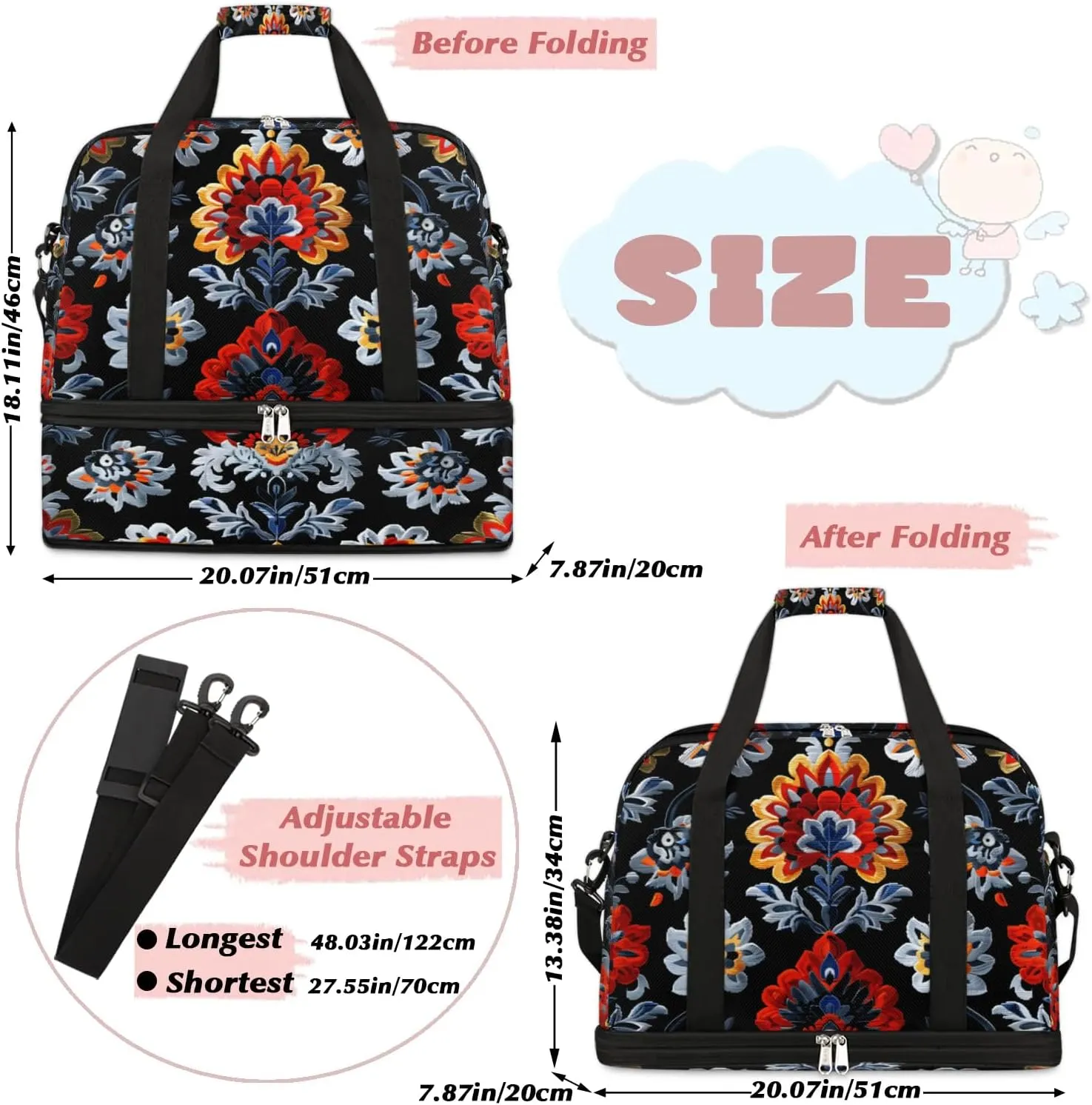 Boho Flower Prints Travel Duffle Bag, Collapsible Travel Bag Sports Gym Bag With Shoes Compartment Weekender Bag Overnight Bag For Women Men