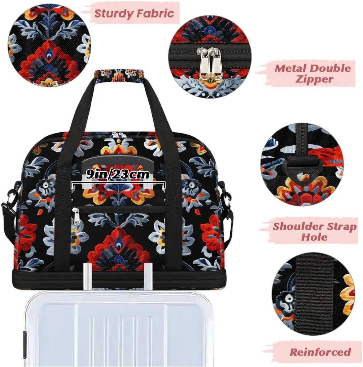 Boho Flower Prints Travel Duffle Bag, Collapsible Travel Bag Sports Gym Bag With Shoes Compartment Weekender Bag Overnight Bag For Women Men