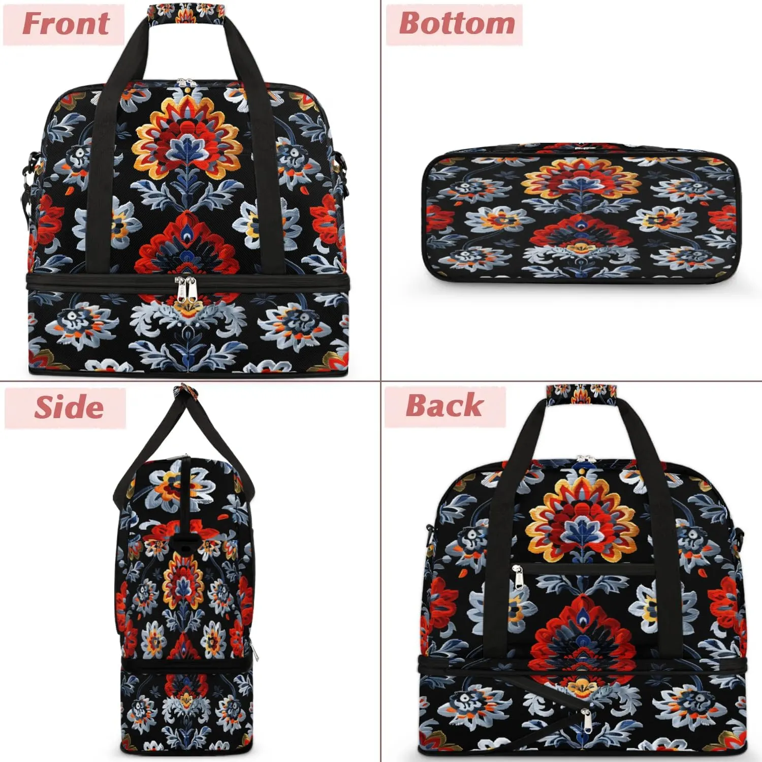 Boho Flower Prints Travel Duffle Bag, Collapsible Travel Bag Sports Gym Bag With Shoes Compartment Weekender Bag Overnight Bag For Women Men