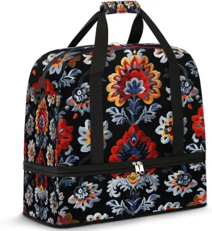 Boho Flower Prints Travel Duffle Bag, Collapsible Travel Bag Sports Gym Bag With Shoes Compartment Weekender Bag Overnight Bag For Women Men