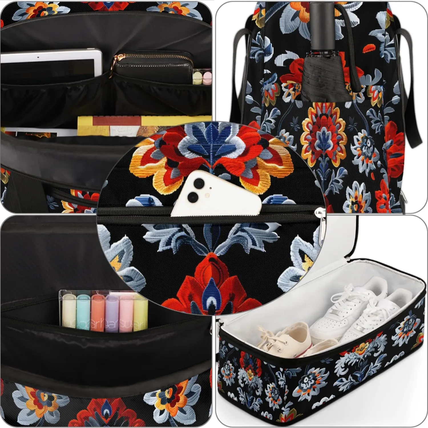 Boho Flower Prints Travel Duffle Bag, Collapsible Travel Bag Sports Gym Bag With Shoes Compartment Weekender Bag Overnight Bag For Women Men
