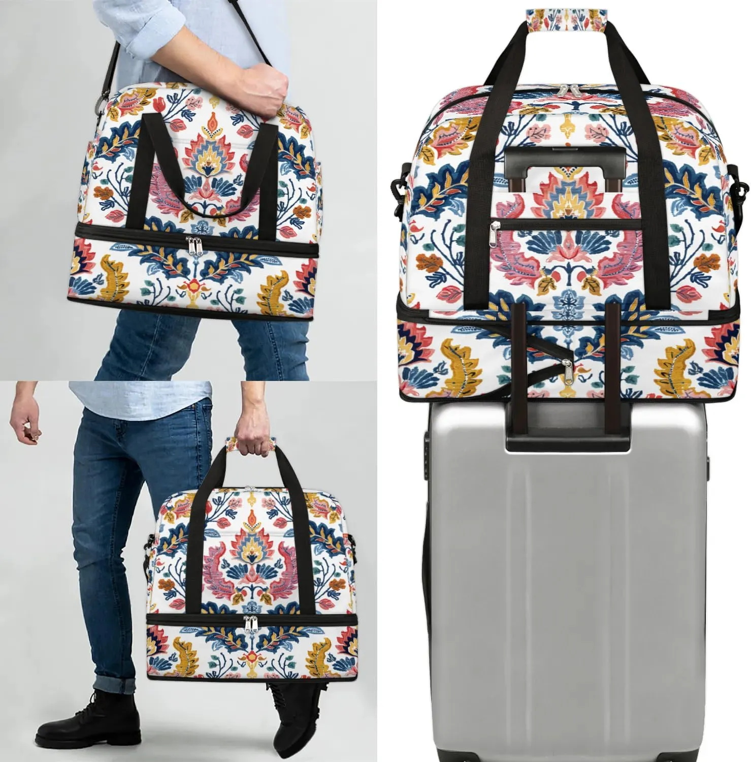 Boho Flowers Patterns Travel Duffle Bag, Collapsible Travel Bag Sports Gym Bag With Shoes Compartment Weekender Bag Overnight Bag For Women Men