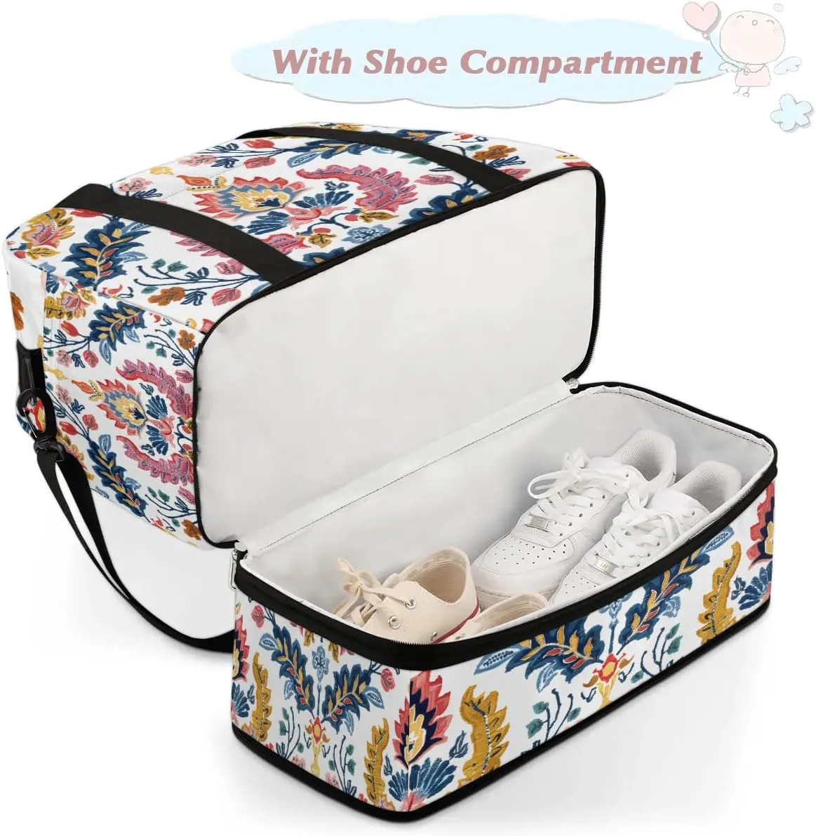 Boho Flowers Patterns Travel Duffle Bag, Collapsible Travel Bag Sports Gym Bag With Shoes Compartment Weekender Bag Overnight Bag For Women Men