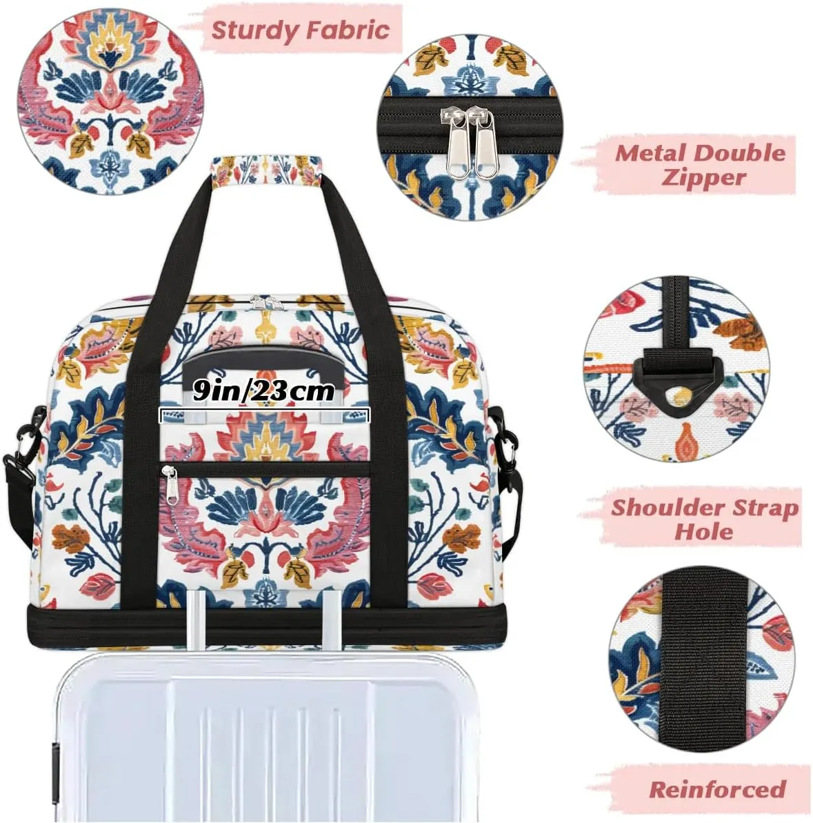 Boho Flowers Patterns Travel Duffle Bag, Collapsible Travel Bag Sports Gym Bag With Shoes Compartment Weekender Bag Overnight Bag For Women Men