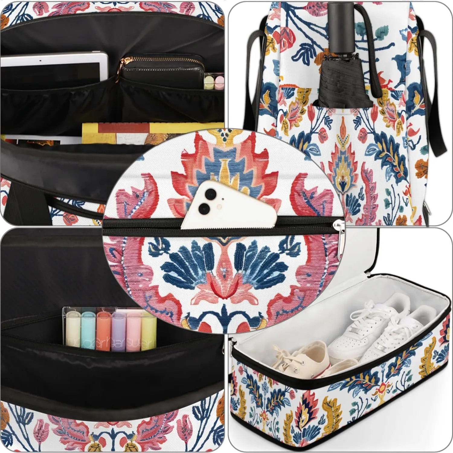 Boho Flowers Patterns Travel Duffle Bag, Collapsible Travel Bag Sports Gym Bag With Shoes Compartment Weekender Bag Overnight Bag For Women Men