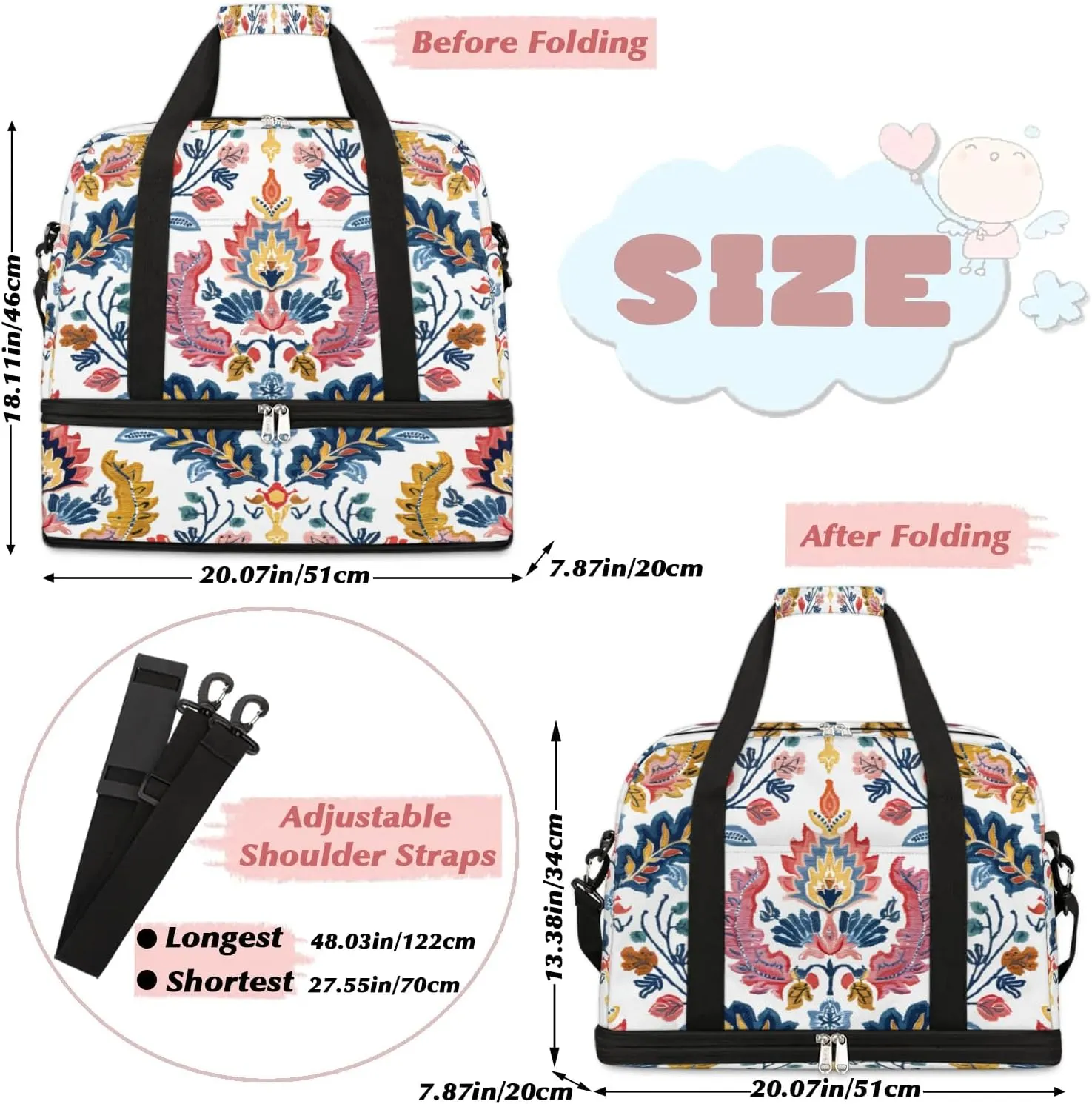 Boho Flowers Patterns Travel Duffle Bag, Collapsible Travel Bag Sports Gym Bag With Shoes Compartment Weekender Bag Overnight Bag For Women Men