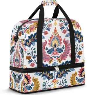 Boho Flowers Patterns Travel Duffle Bag, Collapsible Travel Bag Sports Gym Bag With Shoes Compartment Weekender Bag Overnight Bag For Women Men