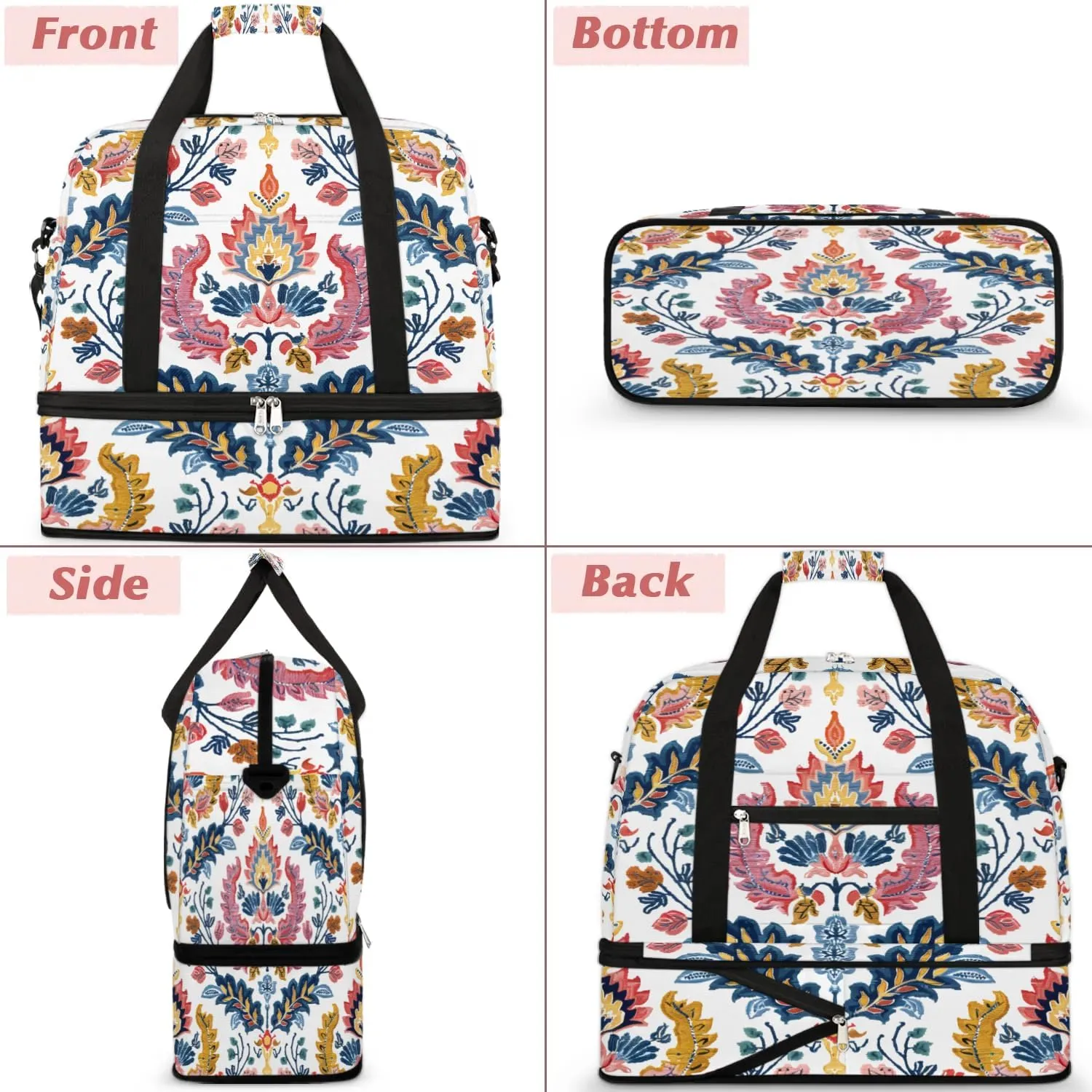 Boho Flowers Patterns Travel Duffle Bag, Collapsible Travel Bag Sports Gym Bag With Shoes Compartment Weekender Bag Overnight Bag For Women Men