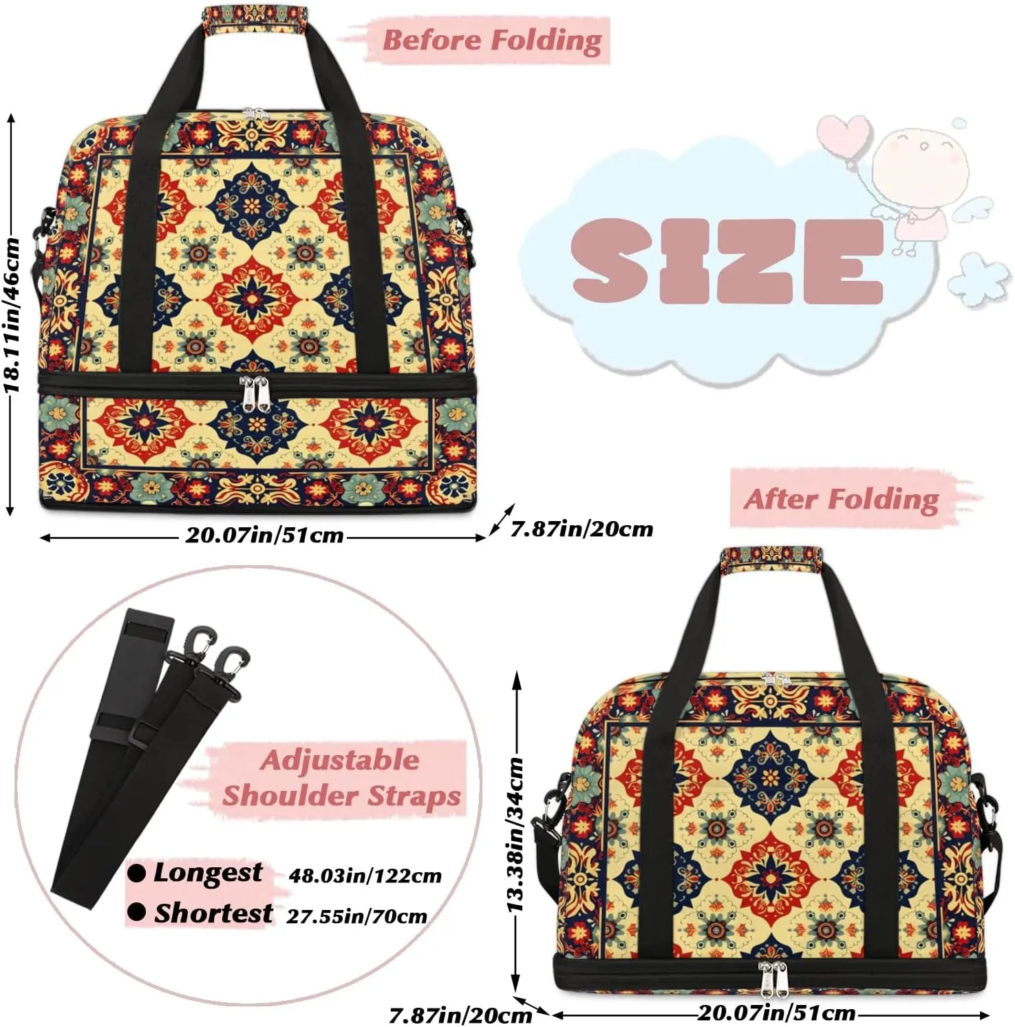Boho Retro Colorful Patterns Travel Duffle Bag, Collapsible Travel Bag Sports Gym Bag With Shoes Compartment Weekender Bag Overnight Bag For Women Men