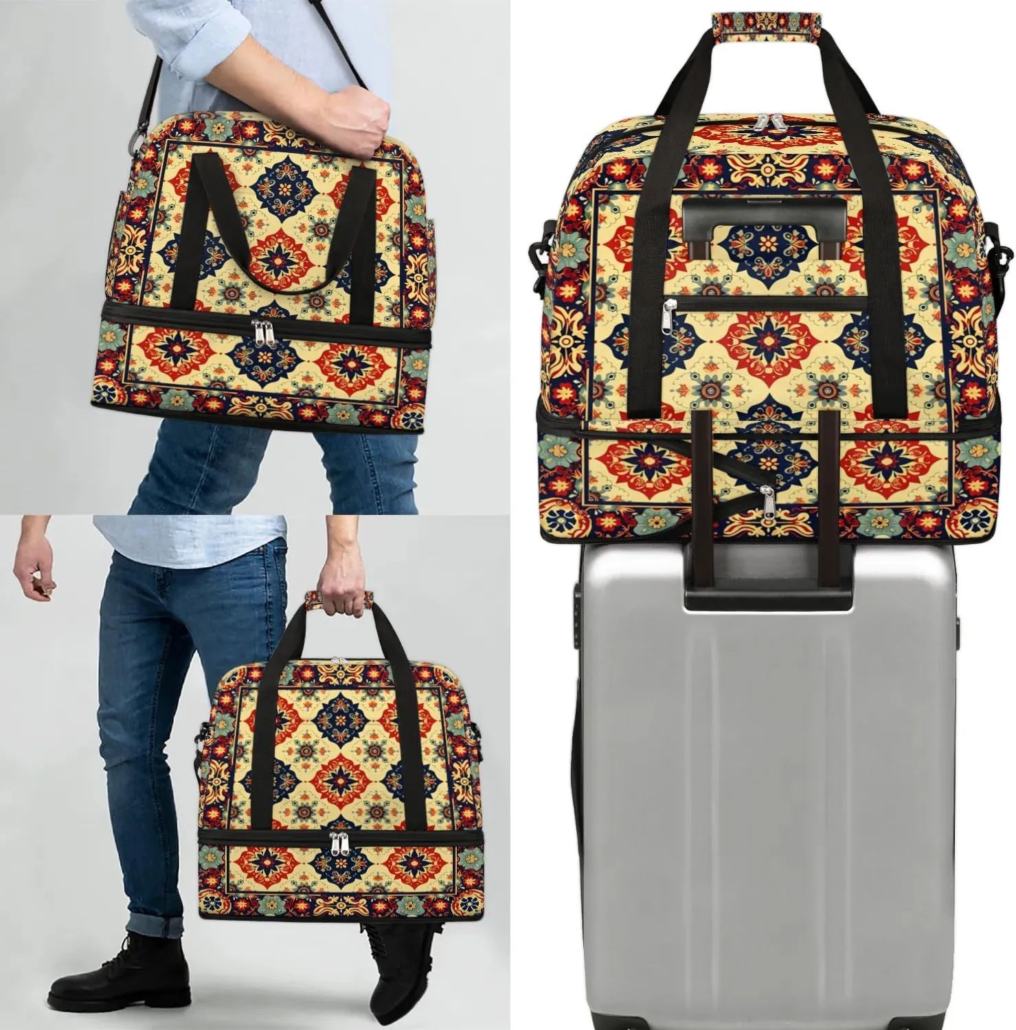 Boho Retro Colorful Patterns Travel Duffle Bag, Collapsible Travel Bag Sports Gym Bag With Shoes Compartment Weekender Bag Overnight Bag For Women Men