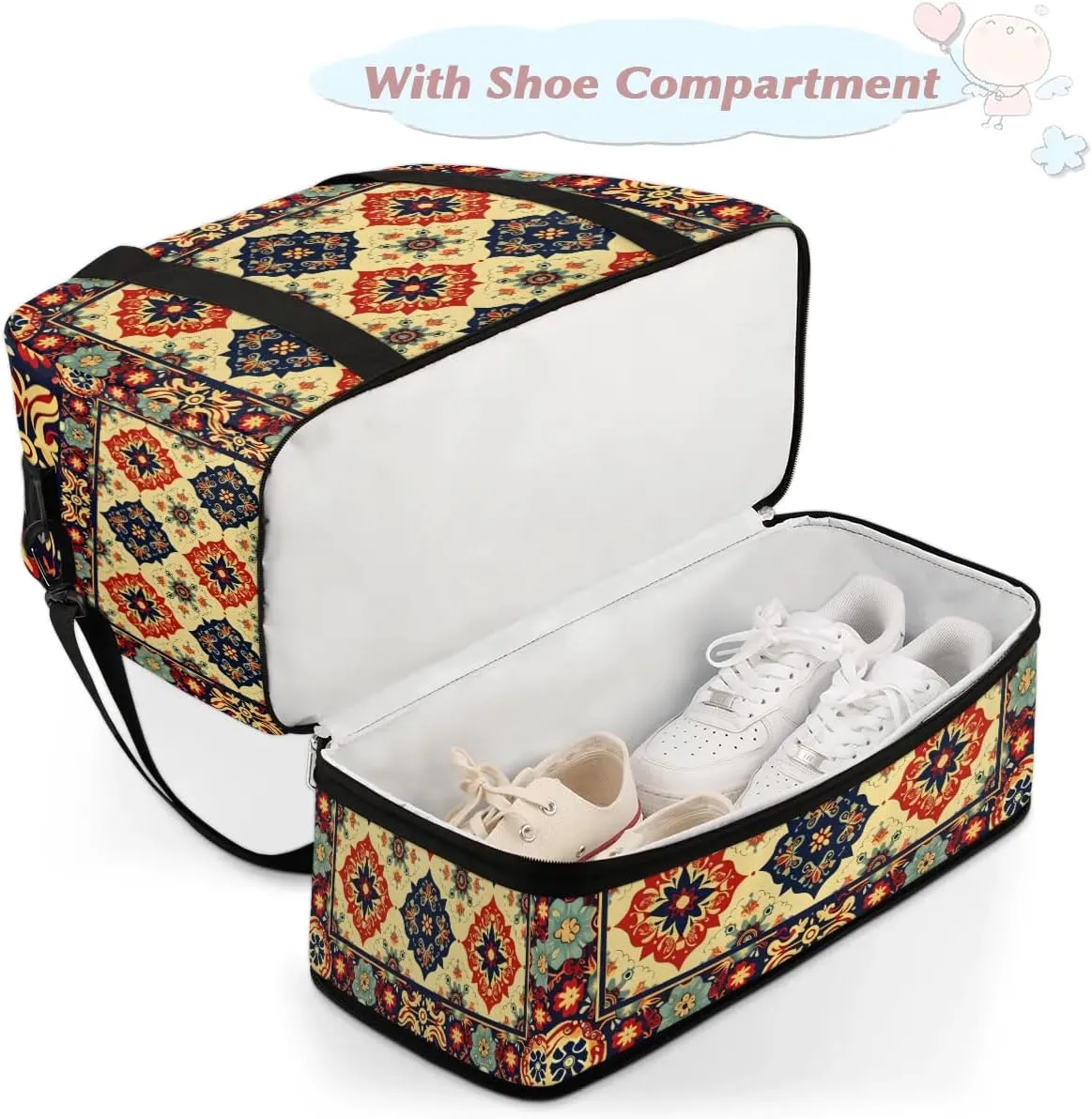 Boho Retro Colorful Patterns Travel Duffle Bag, Collapsible Travel Bag Sports Gym Bag With Shoes Compartment Weekender Bag Overnight Bag For Women Men