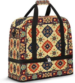 Boho Retro Colorful Patterns Travel Duffle Bag, Collapsible Travel Bag Sports Gym Bag With Shoes Compartment Weekender Bag Overnight Bag For Women Men
