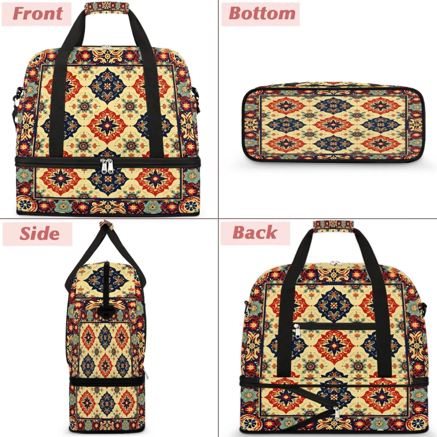 Boho Retro Colorful Patterns Travel Duffle Bag, Collapsible Travel Bag Sports Gym Bag With Shoes Compartment Weekender Bag Overnight Bag For Women Men