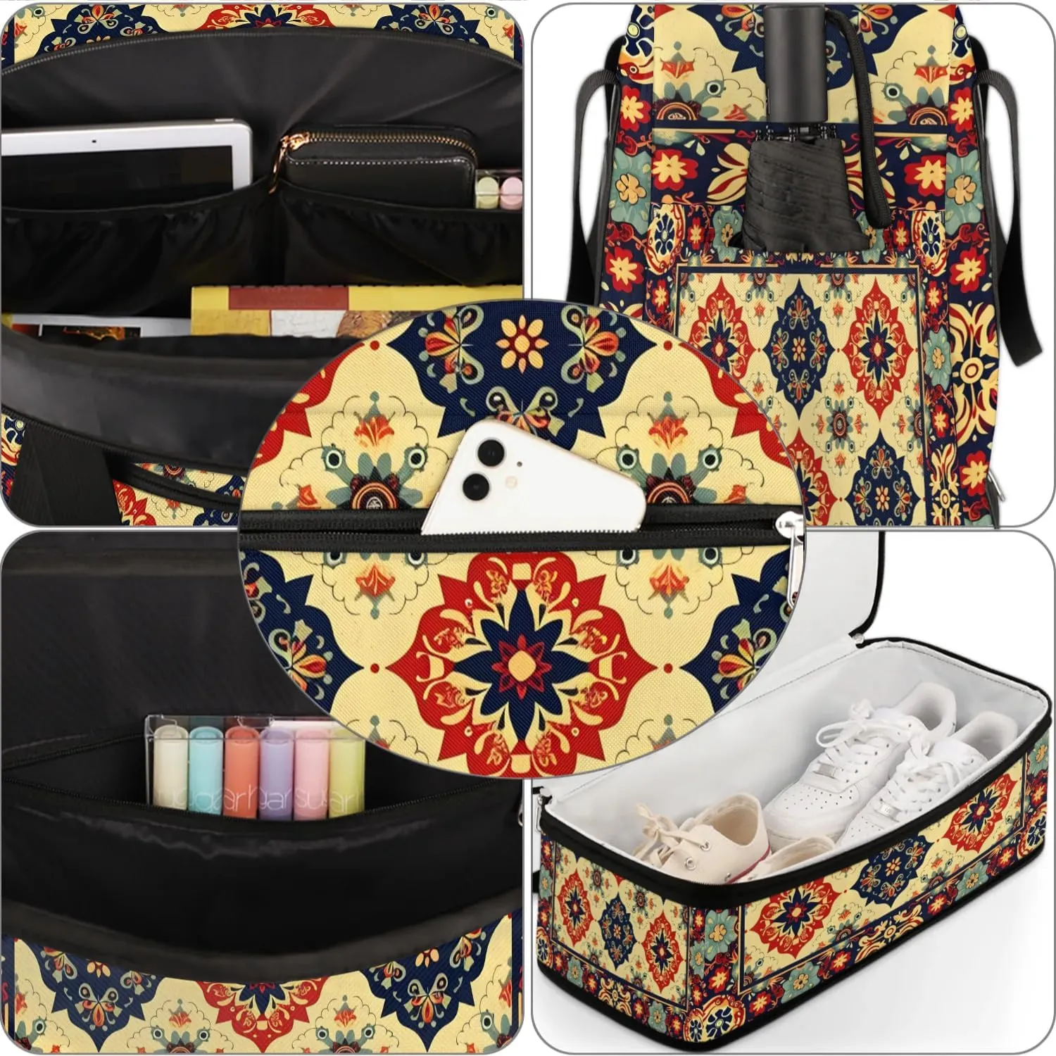 Boho Retro Colorful Patterns Travel Duffle Bag, Collapsible Travel Bag Sports Gym Bag With Shoes Compartment Weekender Bag Overnight Bag For Women Men